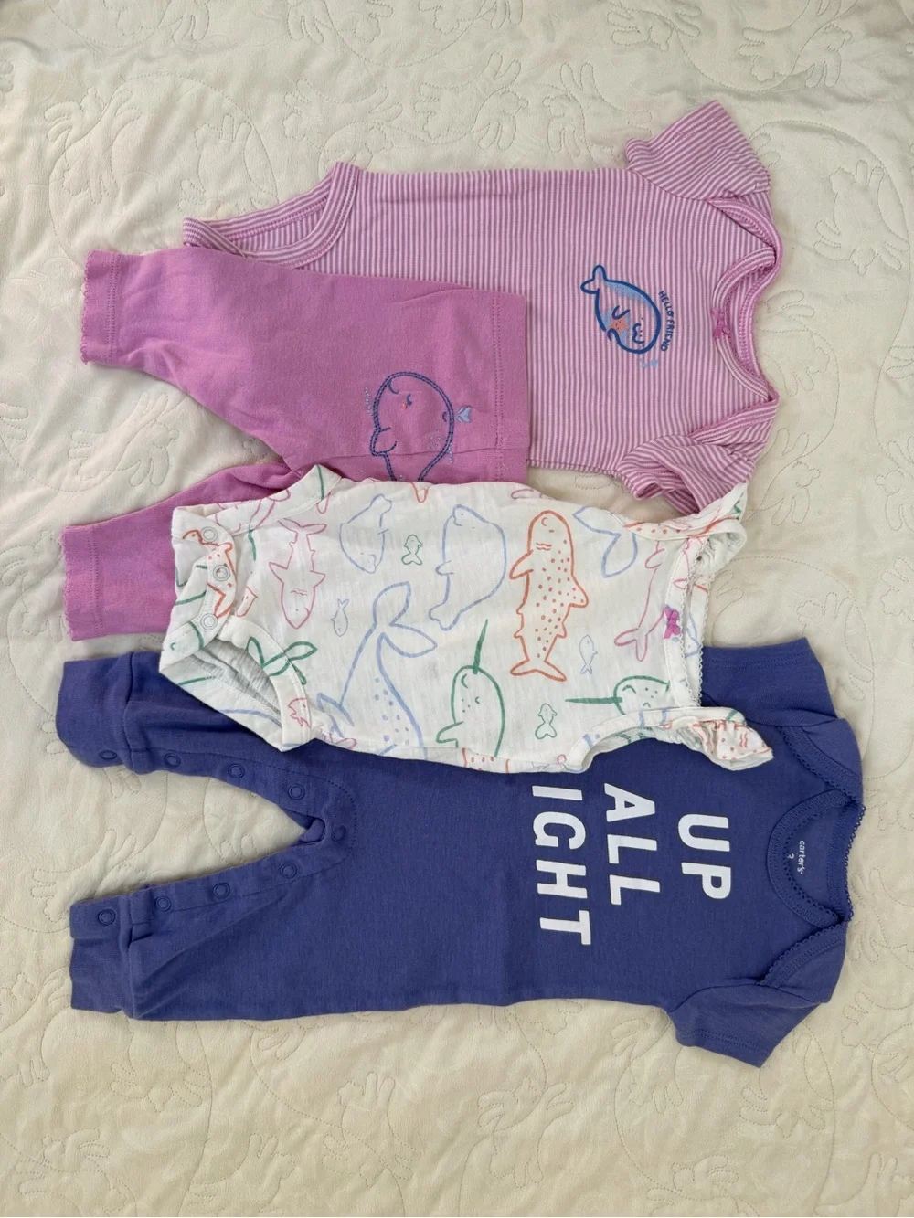 3/$15 | 4-Piece Outfit Set 3M Romper 2 Bodysuits Pant Narwal Nautical Purple